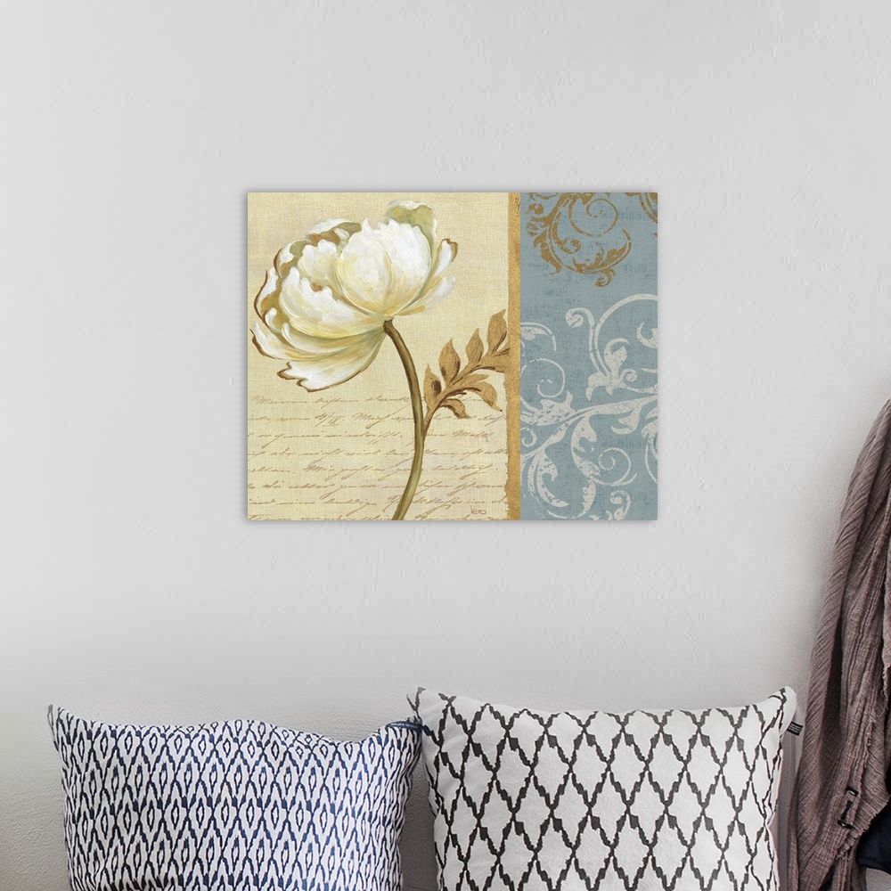A bohemian room featuring Contemporary artwork of a white flower against a beige background, with stylized floral patterns ...