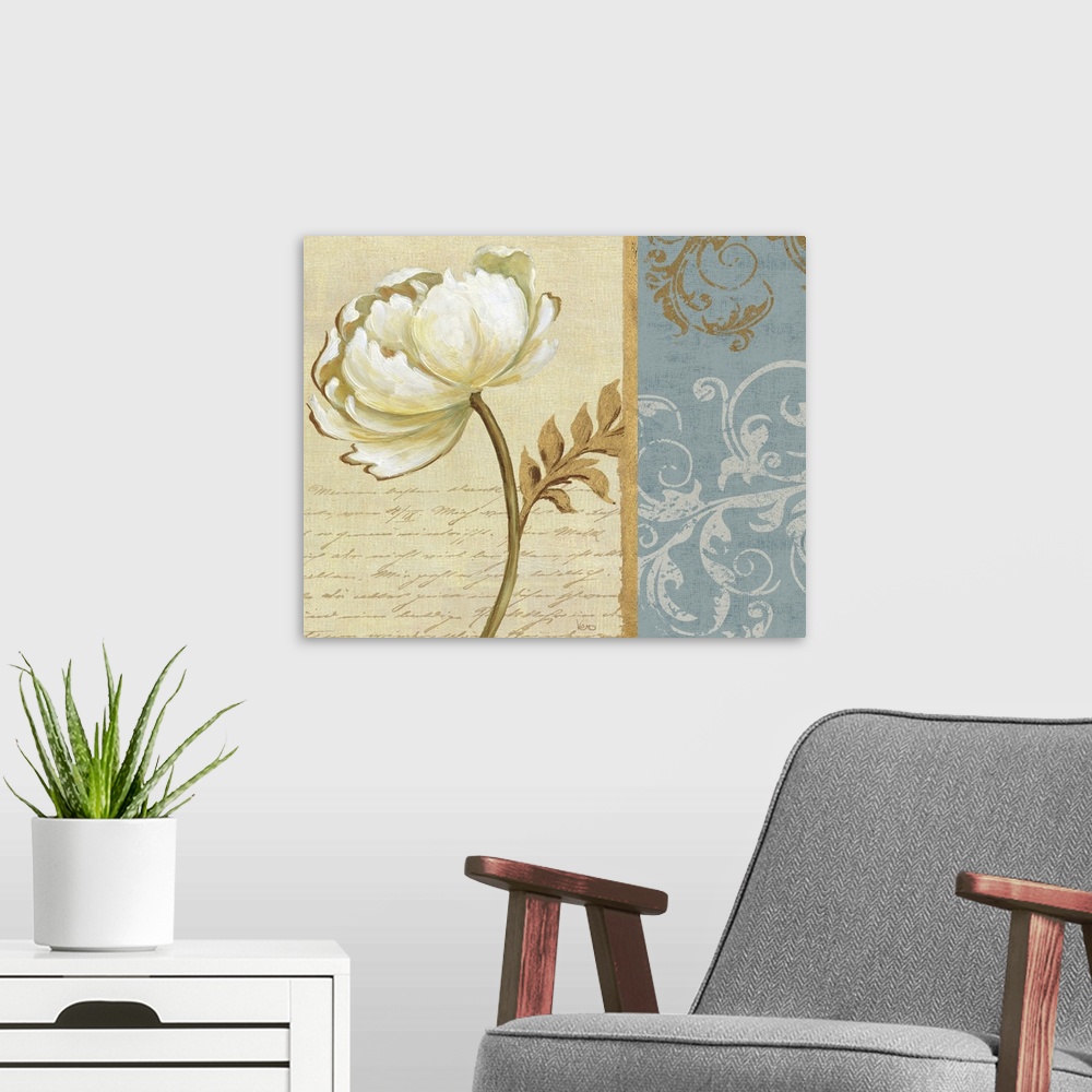 A modern room featuring Contemporary artwork of a white flower against a beige background, with stylized floral patterns ...