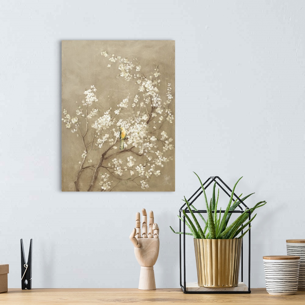 A bohemian room featuring Painting of a yellow bird perched in a white cherry blossom tree with a beige background.