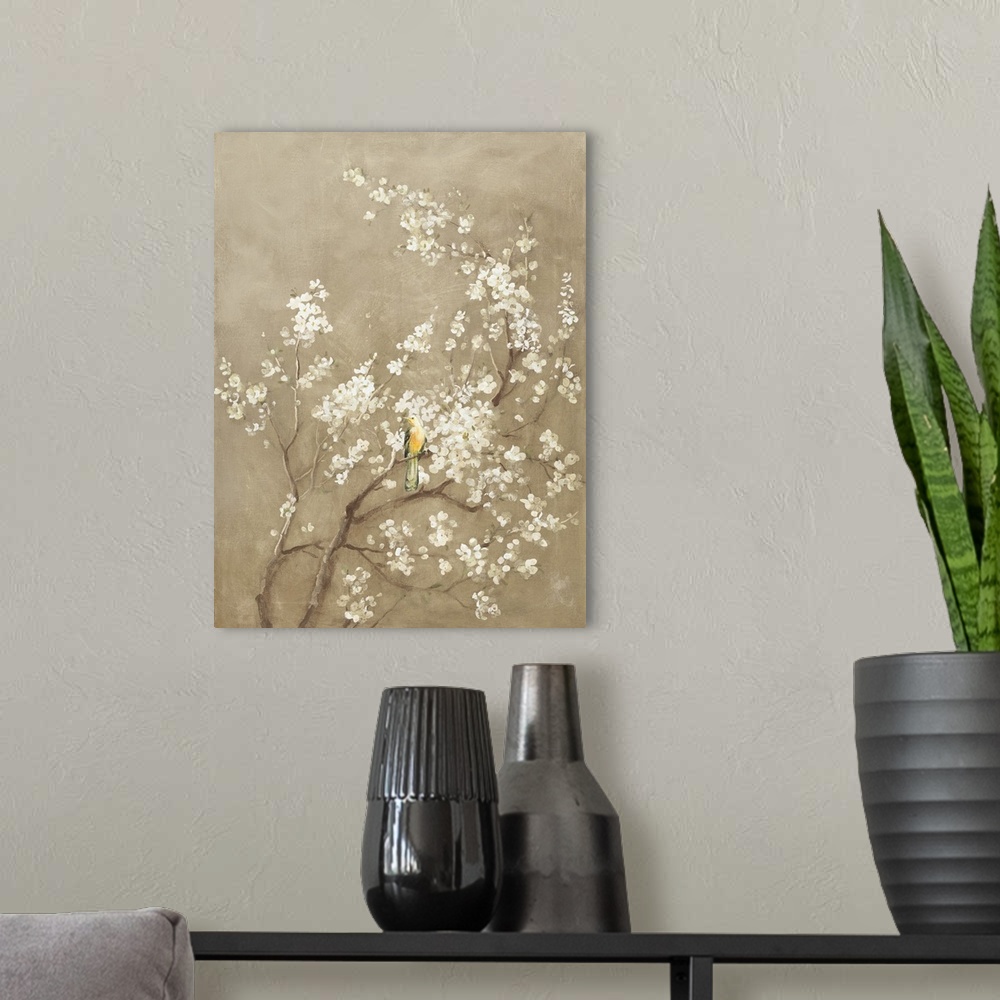 A modern room featuring Painting of a yellow bird perched in a white cherry blossom tree with a beige background.