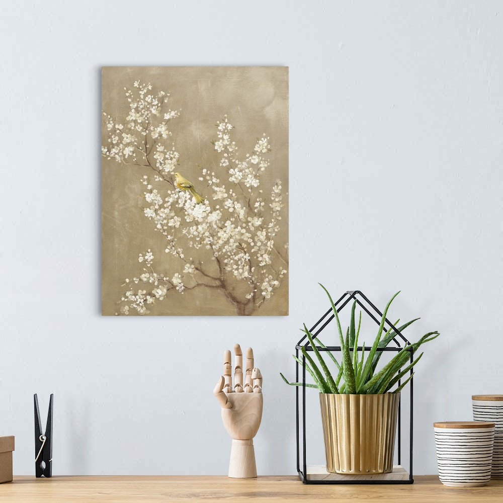 A bohemian room featuring Painting of a yellow bird perched in a white cherry blossom tree with a beige background.