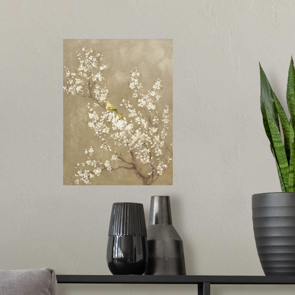 A modern room featuring Painting of a yellow bird perched in a white cherry blossom tree with a beige background.