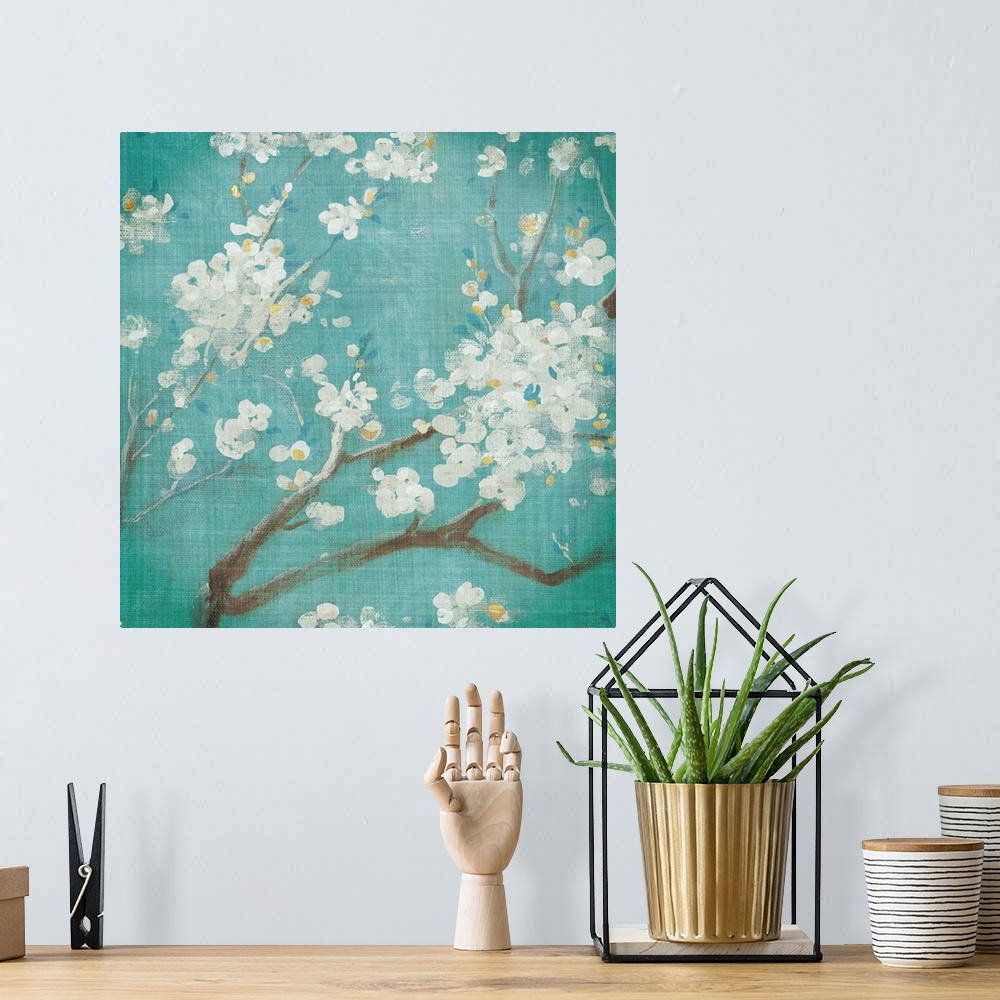 A bohemian room featuring White Cherry Blossoms I on Blue Aged No Bird