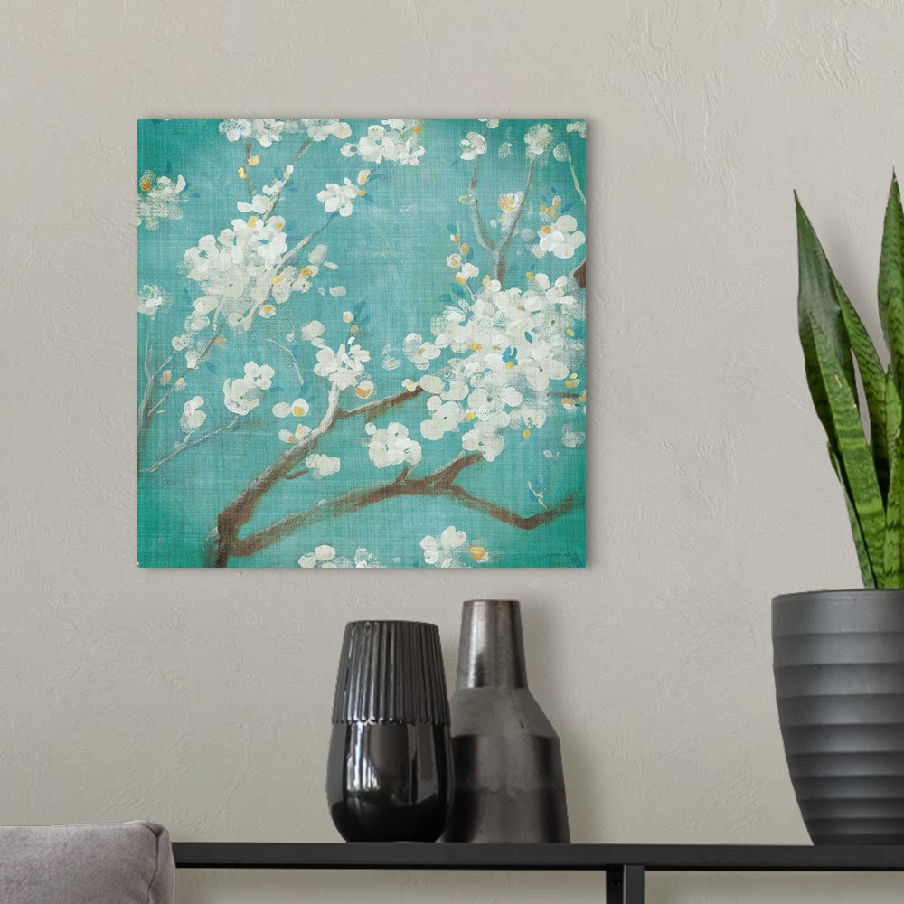 A modern room featuring White Cherry Blossoms I on Blue Aged No Bird