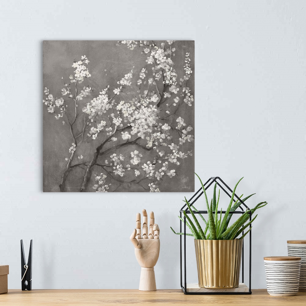 A bohemian room featuring White Cherry Blossoms I On Grey Crop