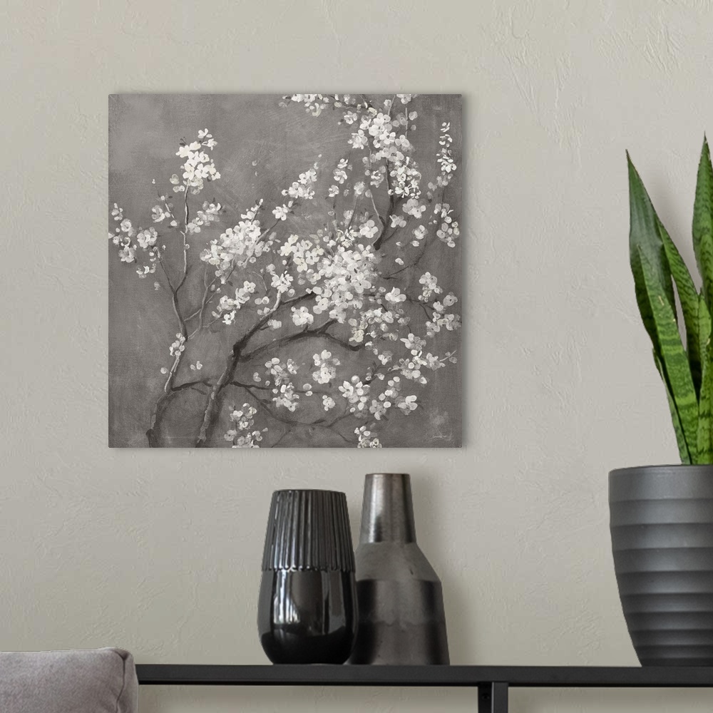 A modern room featuring White Cherry Blossoms I On Grey Crop