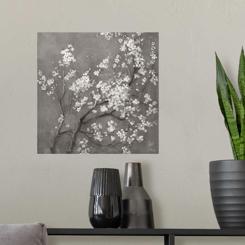 A modern room featuring White Cherry Blossoms I On Grey Crop