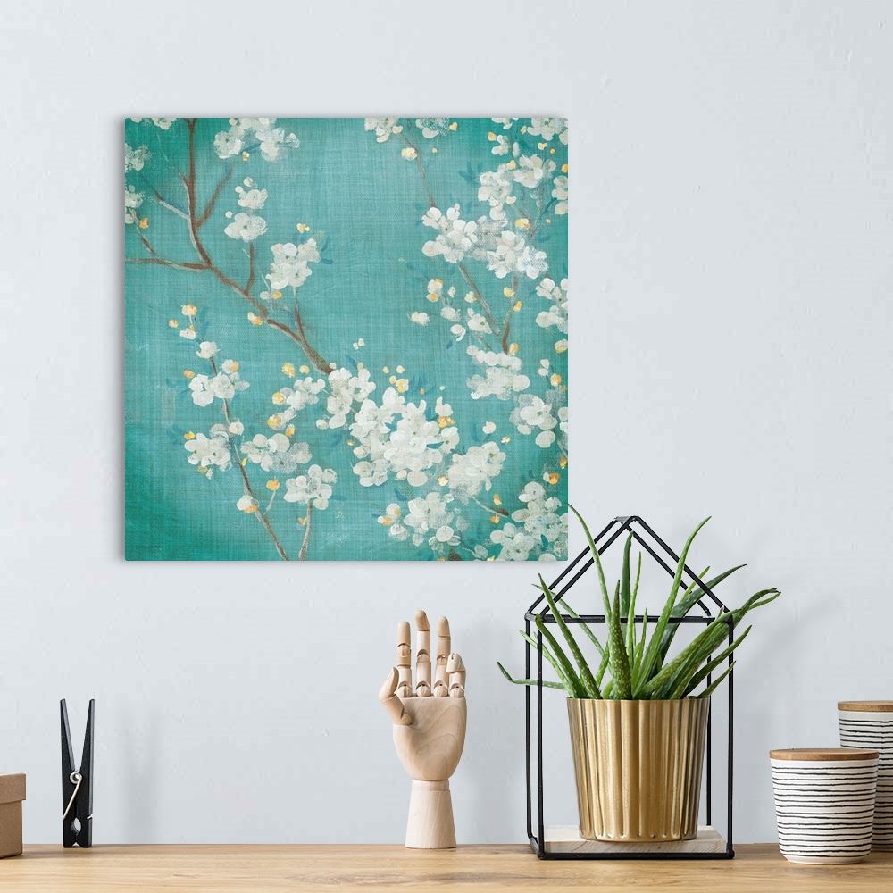 A bohemian room featuring White Cherry Blossoms II on Blue Aged No Bird