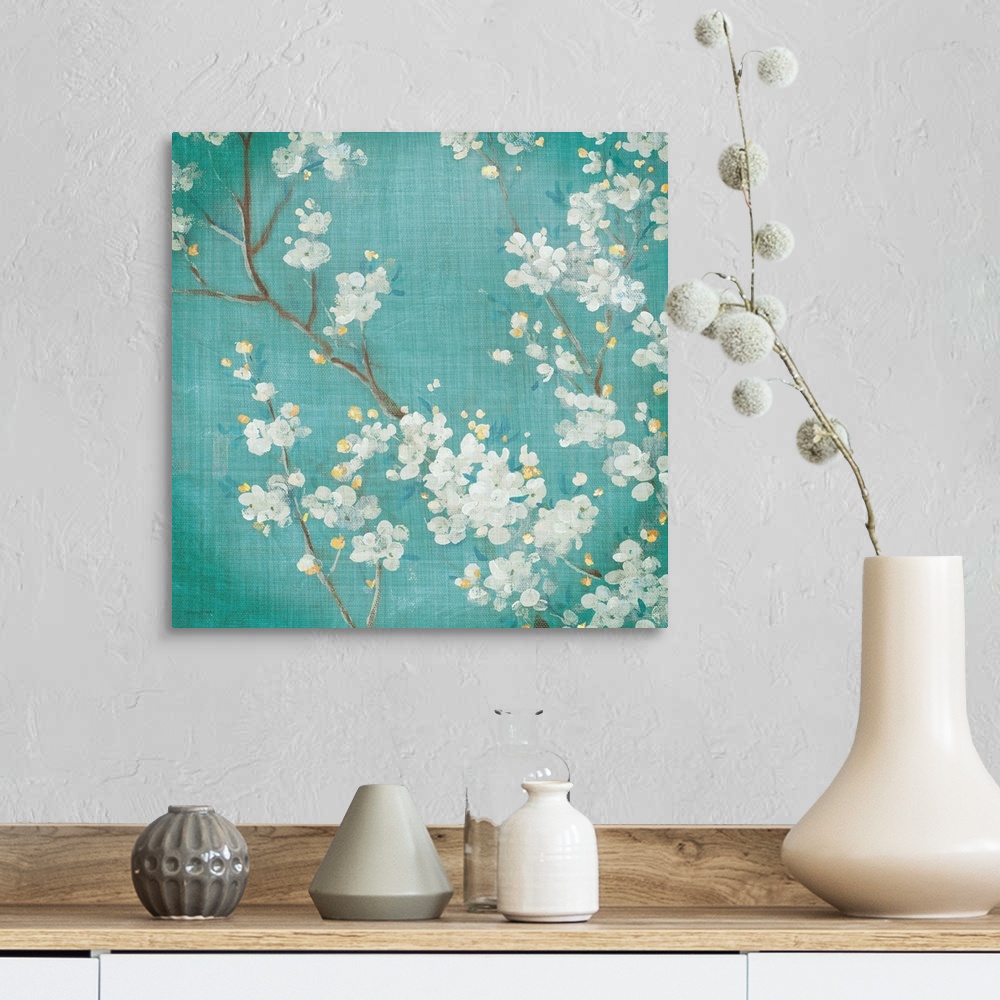 A farmhouse room featuring White Cherry Blossoms II on Blue Aged No Bird