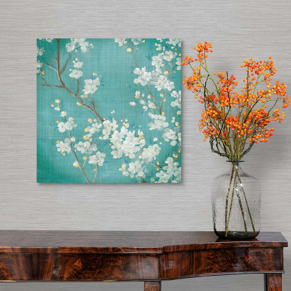A traditional room featuring White Cherry Blossoms II on Blue Aged No Bird