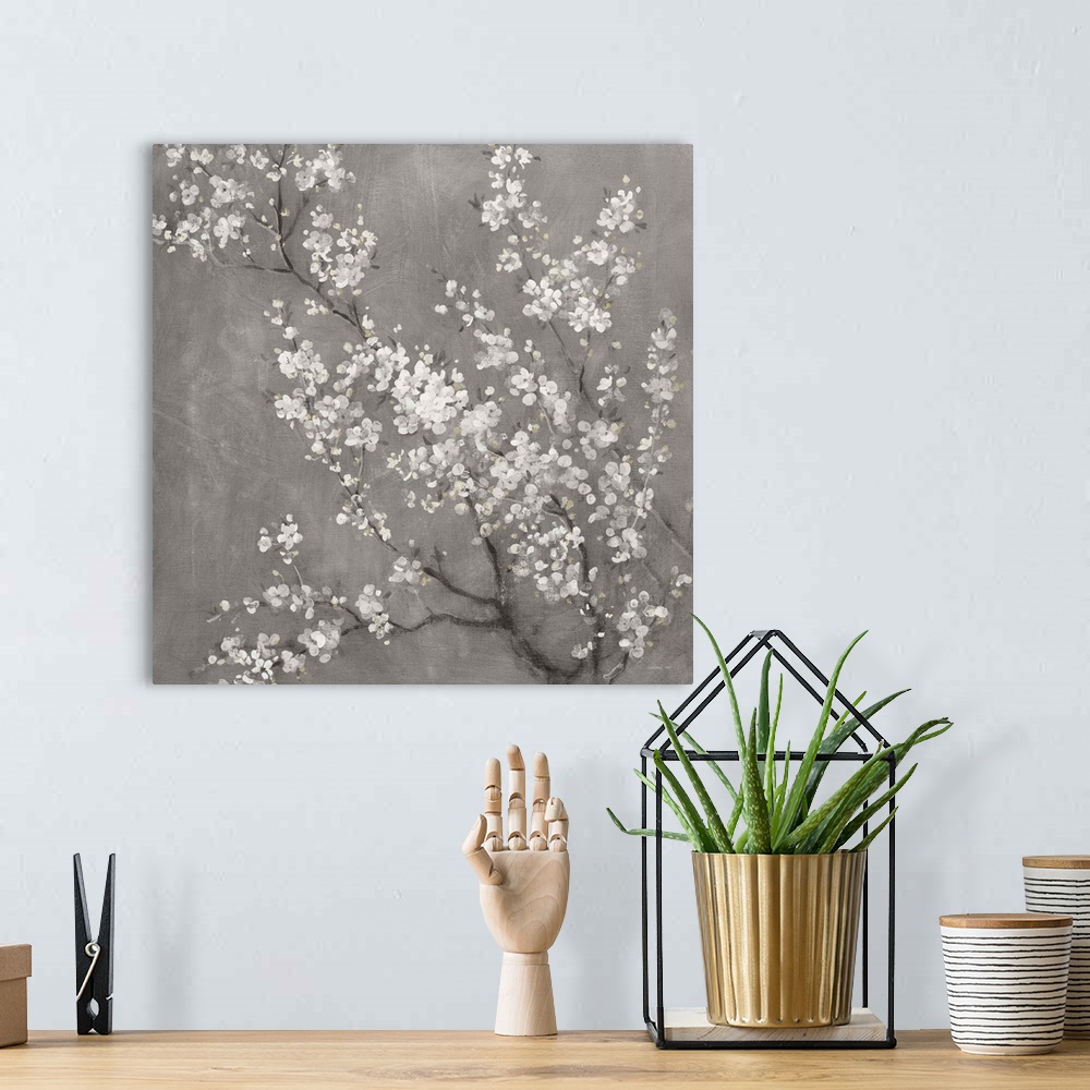 A bohemian room featuring White Cherry Blossoms II On Grey Crop