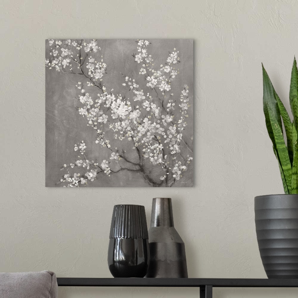 A modern room featuring White Cherry Blossoms II On Grey Crop