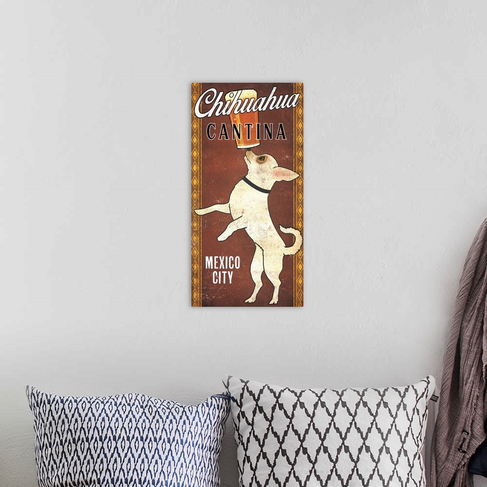 A bohemian room featuring Illustration of a chihuahua balancing a pint of beer on its nose with "Chihuahua Cantina" and "Me...