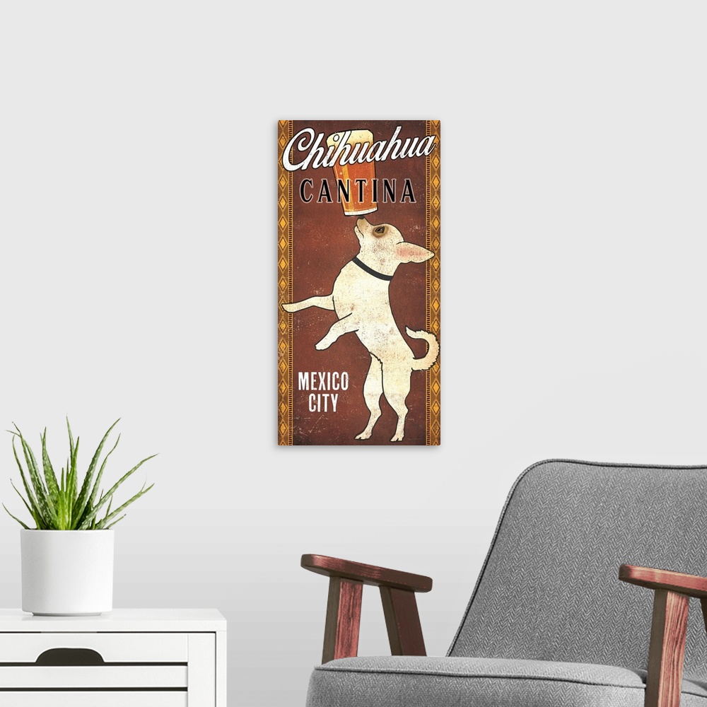 A modern room featuring Illustration of a chihuahua balancing a pint of beer on its nose with "Chihuahua Cantina" and "Me...
