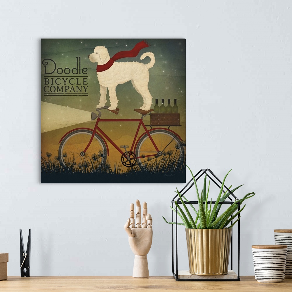 A bohemian room featuring Square art with an illustration of a doodle standing on a red bicycle with a case of wine on the ...