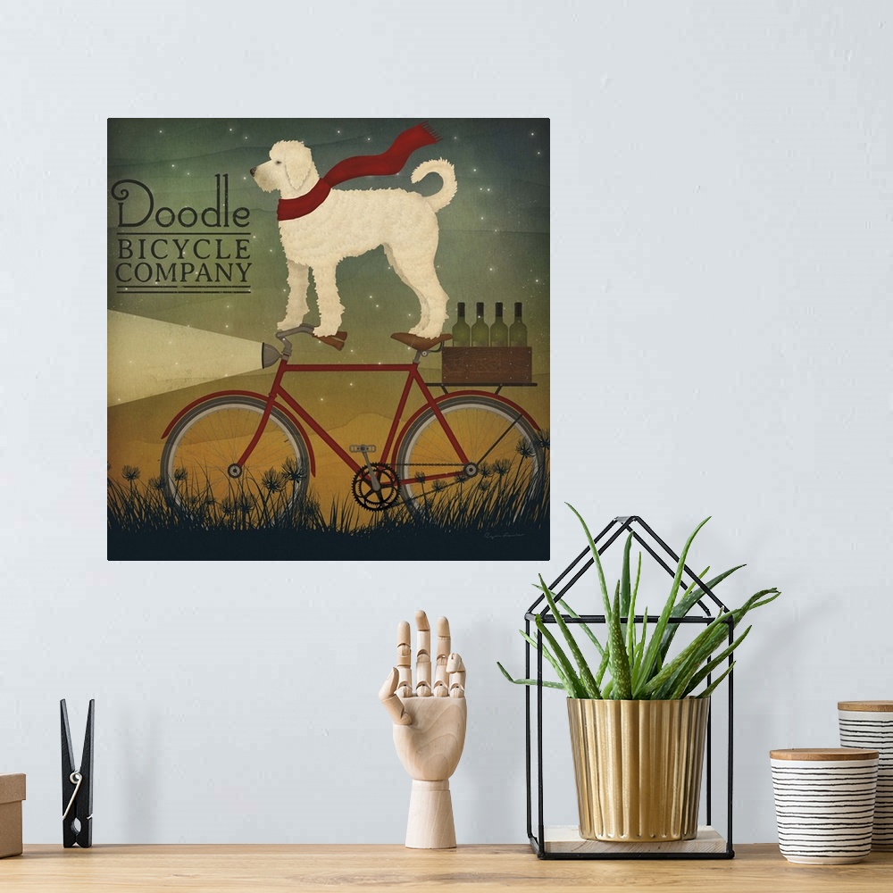 A bohemian room featuring Square art with an illustration of a doodle standing on a red bicycle with a case of wine on the ...