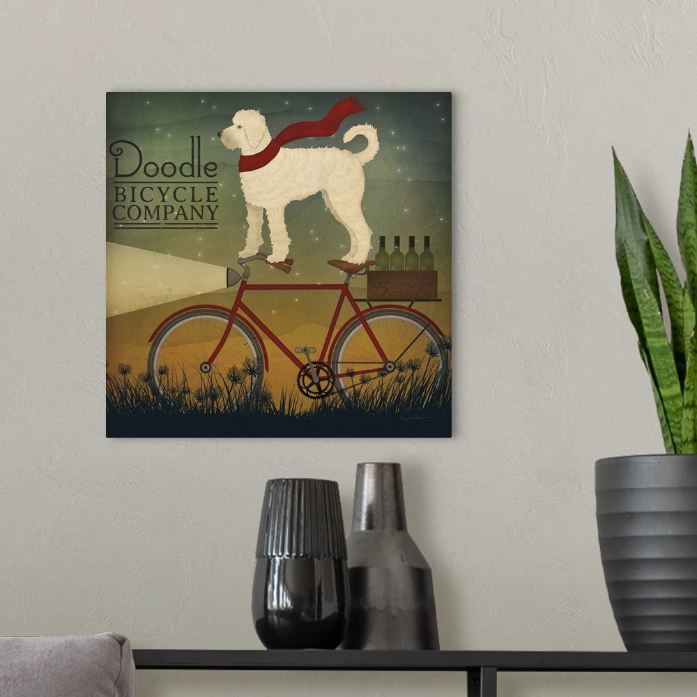 A modern room featuring Square art with an illustration of a doodle standing on a red bicycle with a case of wine on the ...