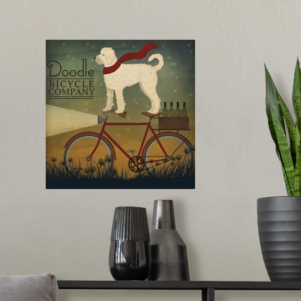 A modern room featuring Square art with an illustration of a doodle standing on a red bicycle with a case of wine on the ...