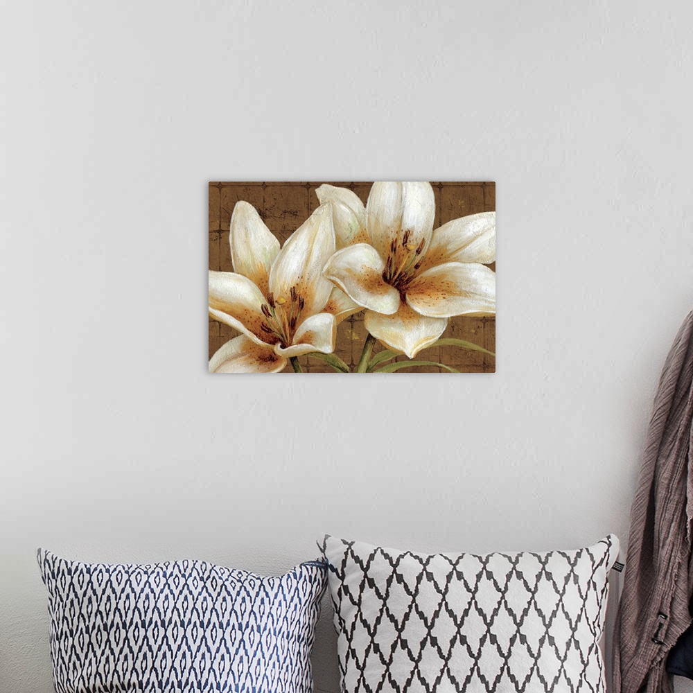 A bohemian room featuring Oversized landscape painting of two large white lily flowers on a neutral tiled background.