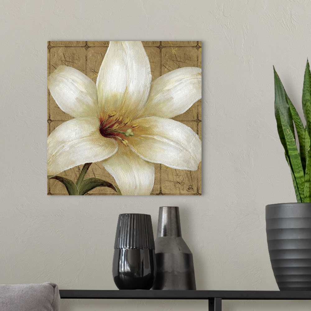 A modern room featuring Square painted canvas of a flower with a tiled wall in the background.