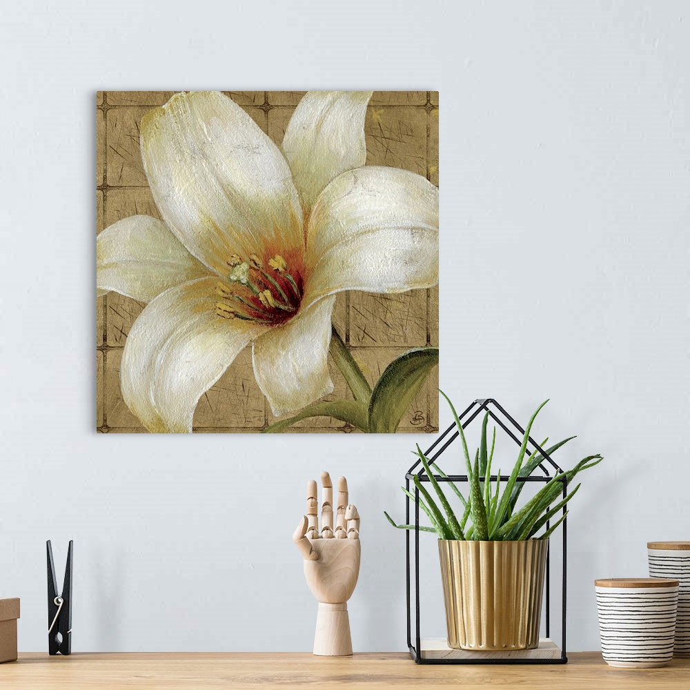 A bohemian room featuring Up-close painting of lily with square stone tile background.