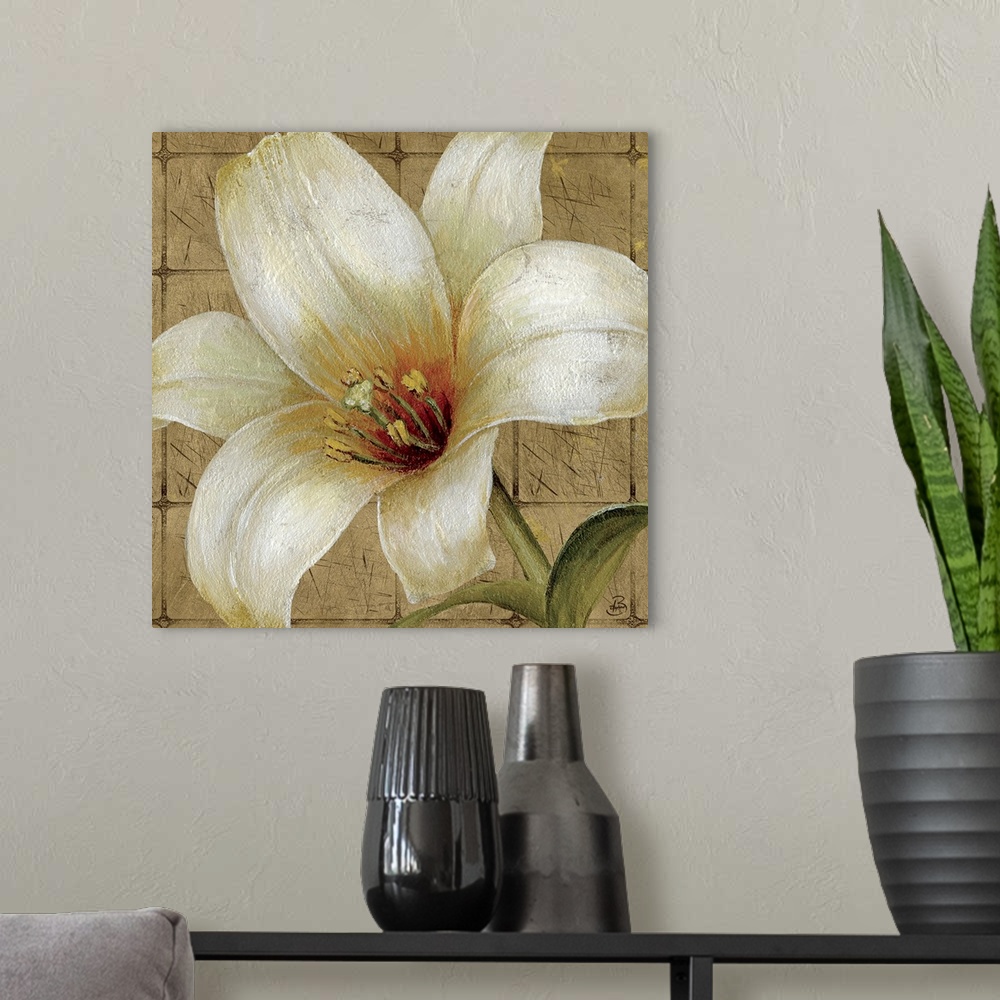 A modern room featuring Up-close painting of lily with square stone tile background.