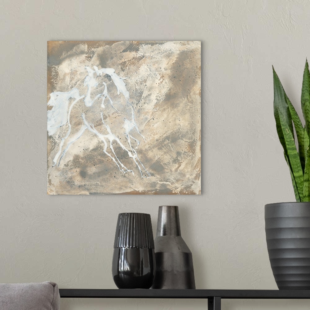A modern room featuring Contemporary artwork featuring a white outline of a horse galloping over a beige abstract backgro...