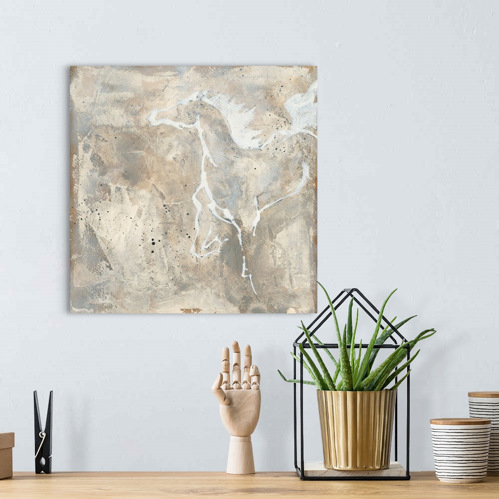 A bohemian room featuring Contemporary artwork featuring a white outline of a horse galloping over a beige abstract backgro...
