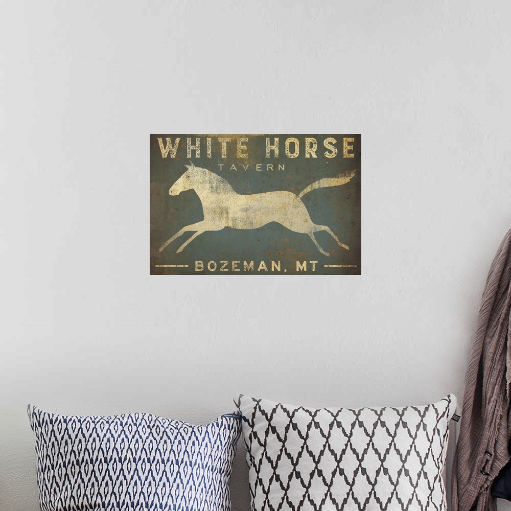 A bohemian room featuring Contemporary rustic artwork of a worn and weathered sign for a pub.