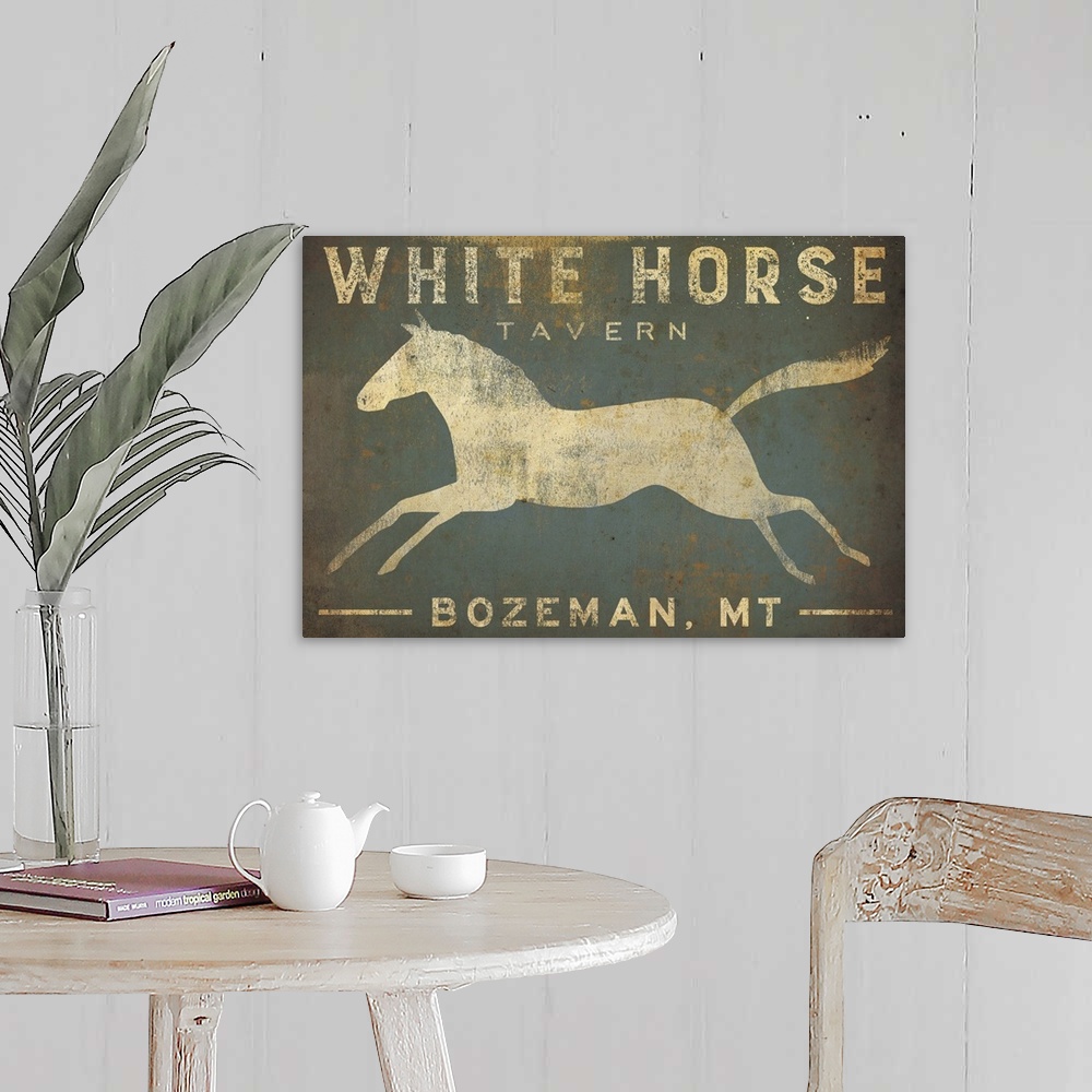 A farmhouse room featuring Contemporary rustic artwork of a worn and weathered sign for a pub.