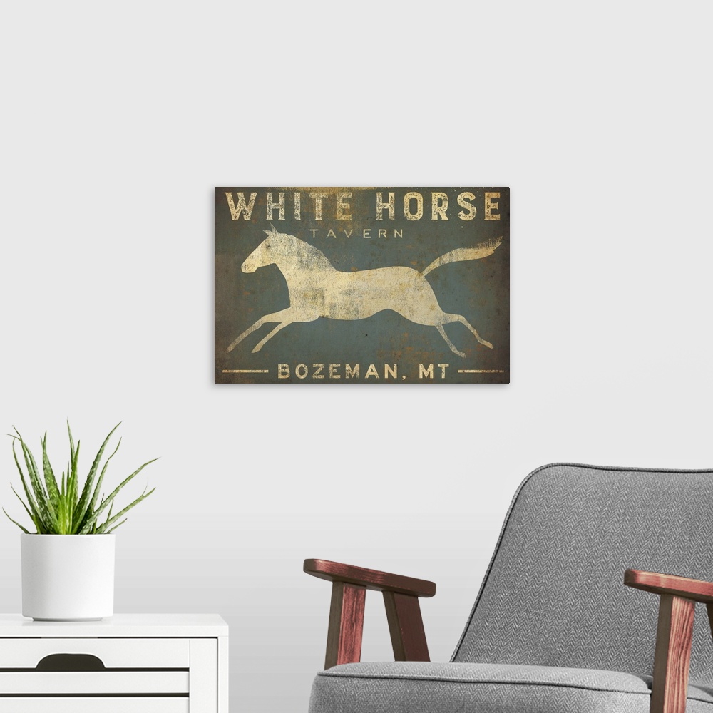 A modern room featuring Contemporary rustic artwork of a worn and weathered sign for a pub.