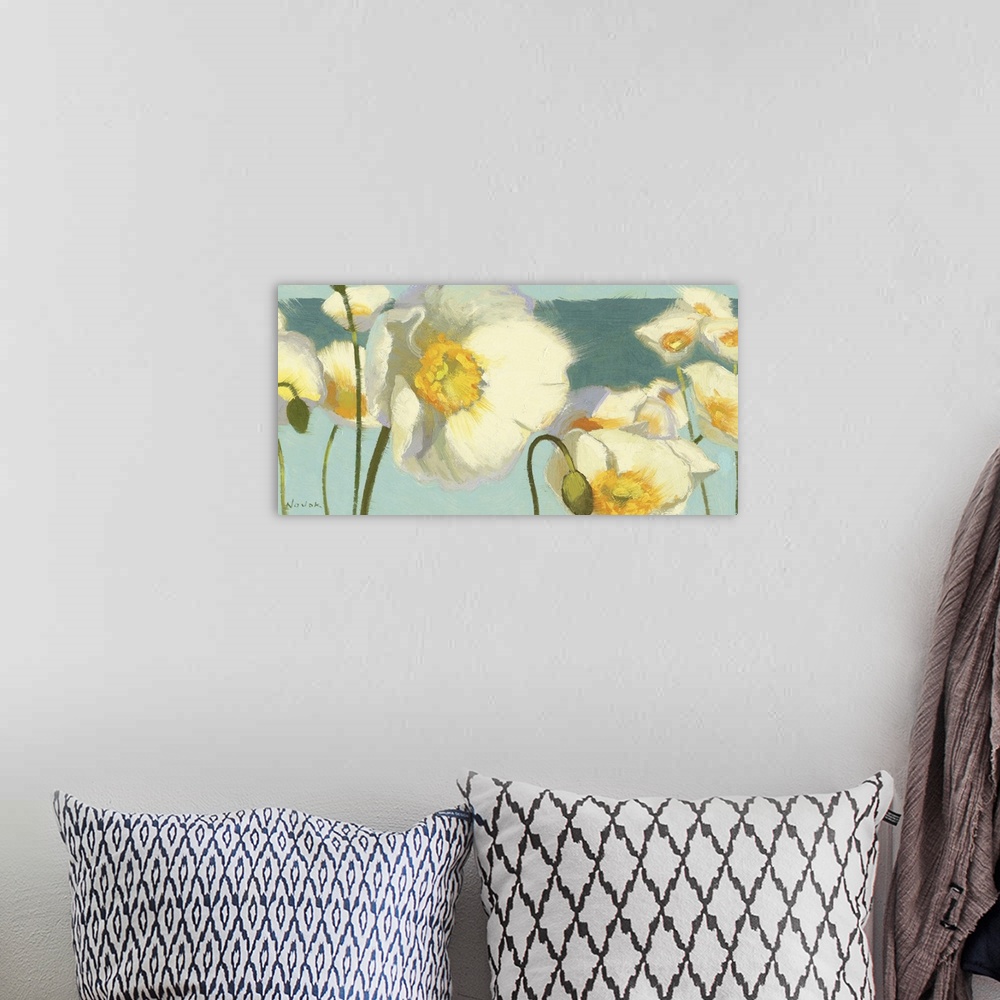 A bohemian room featuring Horizontal, contemporary painting of large white Iceland flowers with golden centers, extending u...