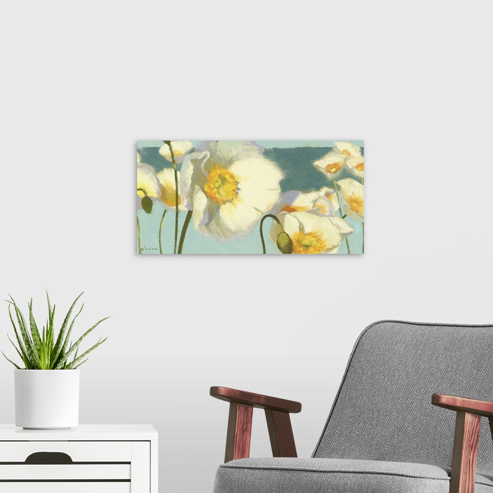 A modern room featuring Horizontal, contemporary painting of large white Iceland flowers with golden centers, extending u...