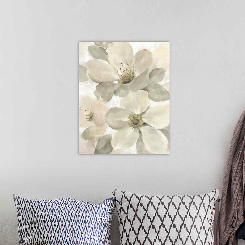 A bohemian room featuring Contemporary painting of neutral toned magnolia flowers.