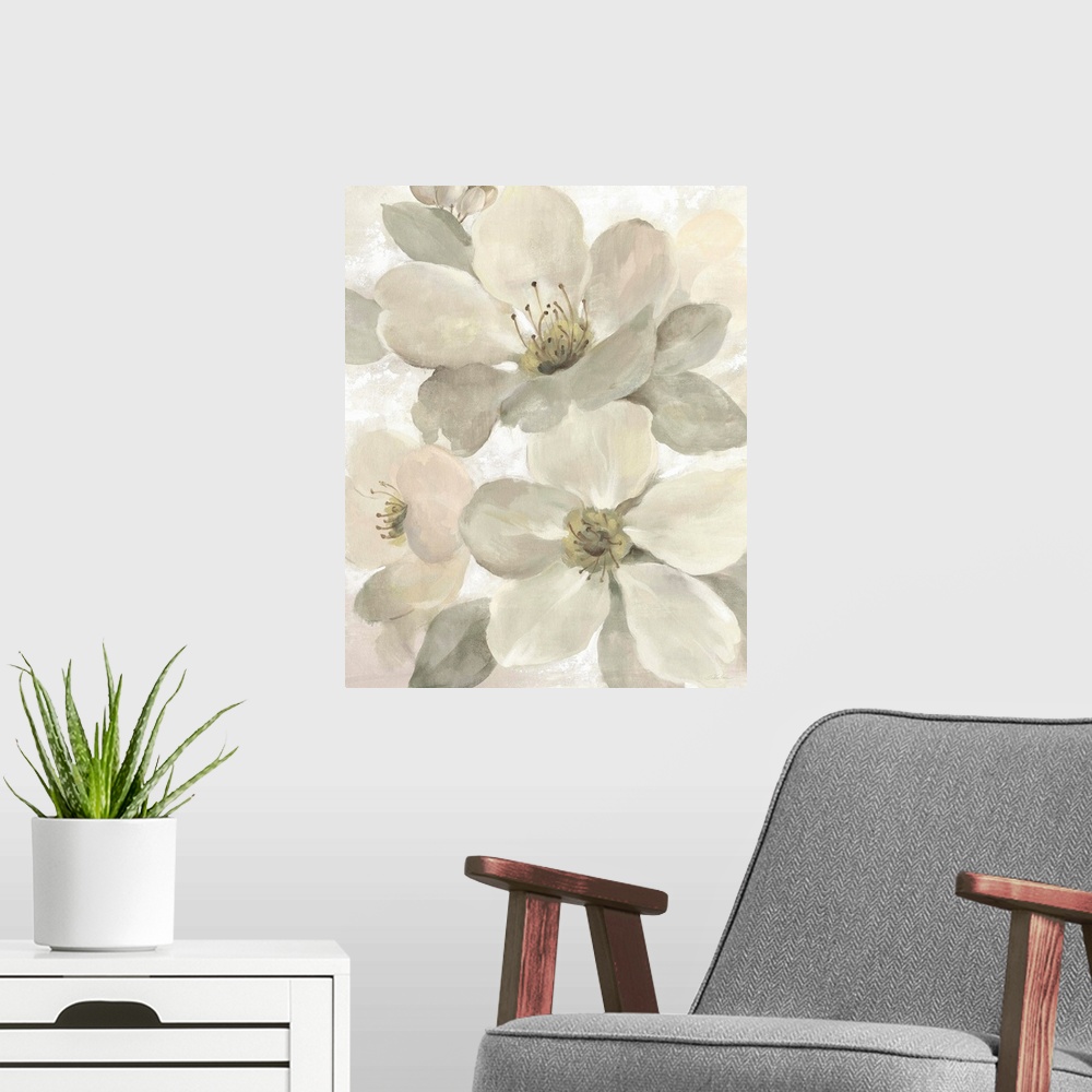 A modern room featuring Contemporary painting of neutral toned magnolia flowers.