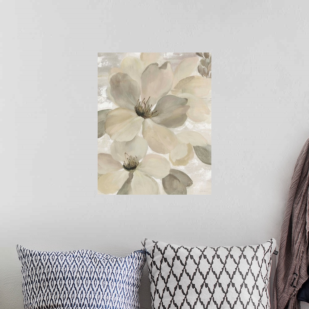A bohemian room featuring Contemporary painting of neutral toned magnolia flowers.