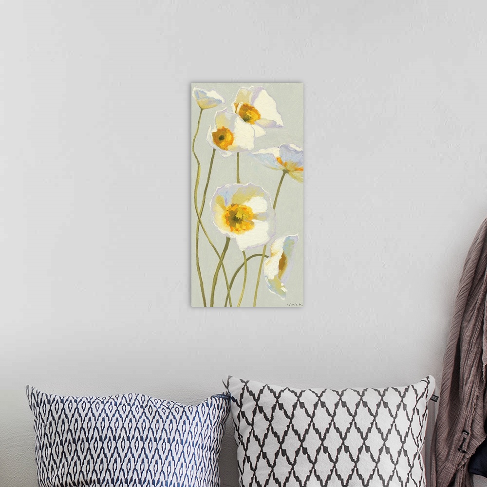 A bohemian room featuring White on White Poppies Panel I