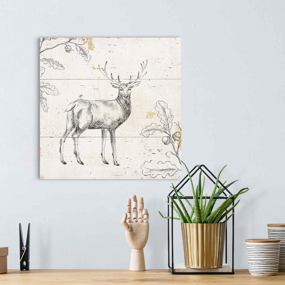 A bohemian room featuring Black and white sketch of a deer and leaves on a distressed wood paneled background with hints of...