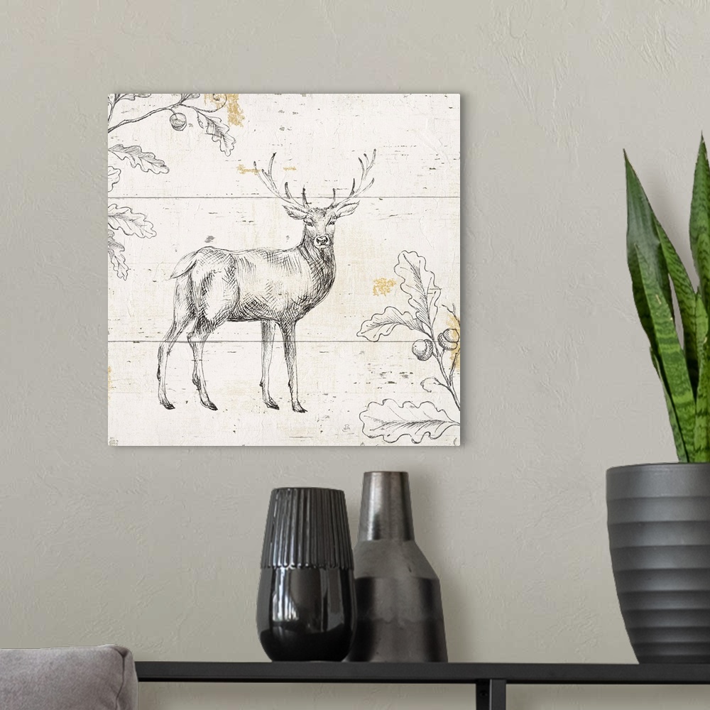 A modern room featuring Black and white sketch of a deer and leaves on a distressed wood paneled background with hints of...