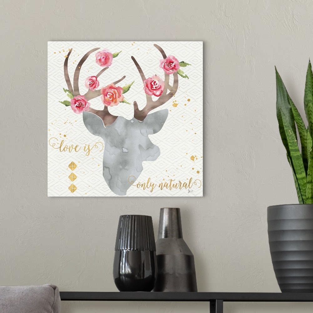 A modern room featuring Contemporary home decor artwork of a watercolor stag silhouette with roses in the antlers.