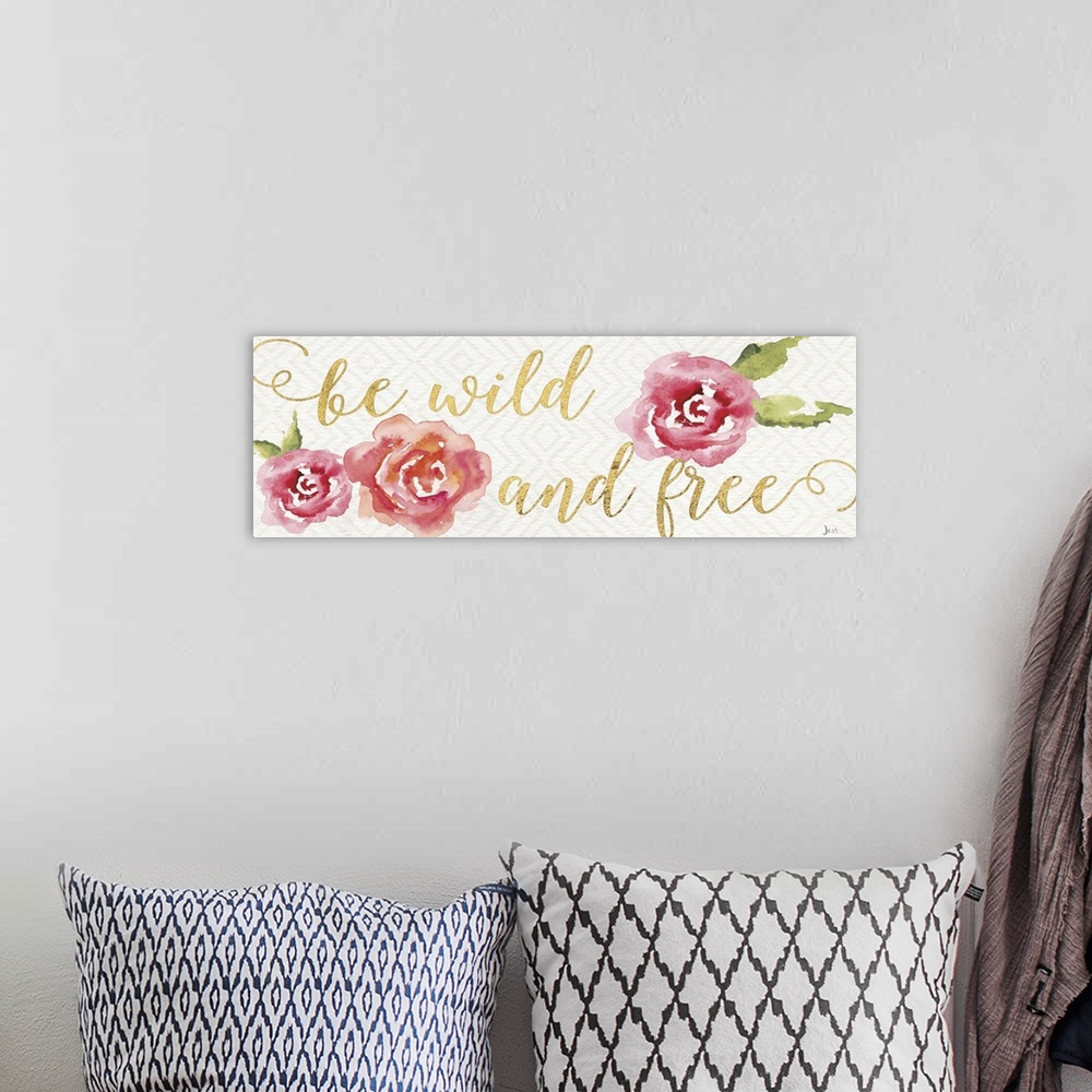 A bohemian room featuring Hand-lettered gold text with watercolor roses.
