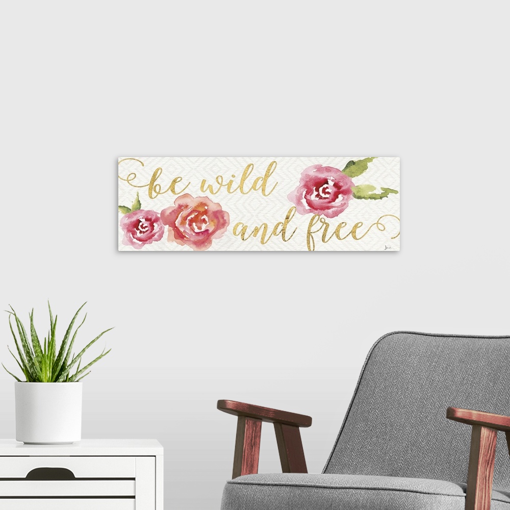 A modern room featuring Hand-lettered gold text with watercolor roses.