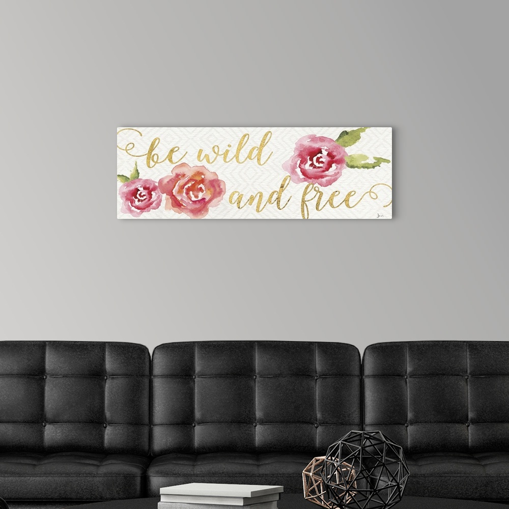 A modern room featuring Hand-lettered gold text with watercolor roses.