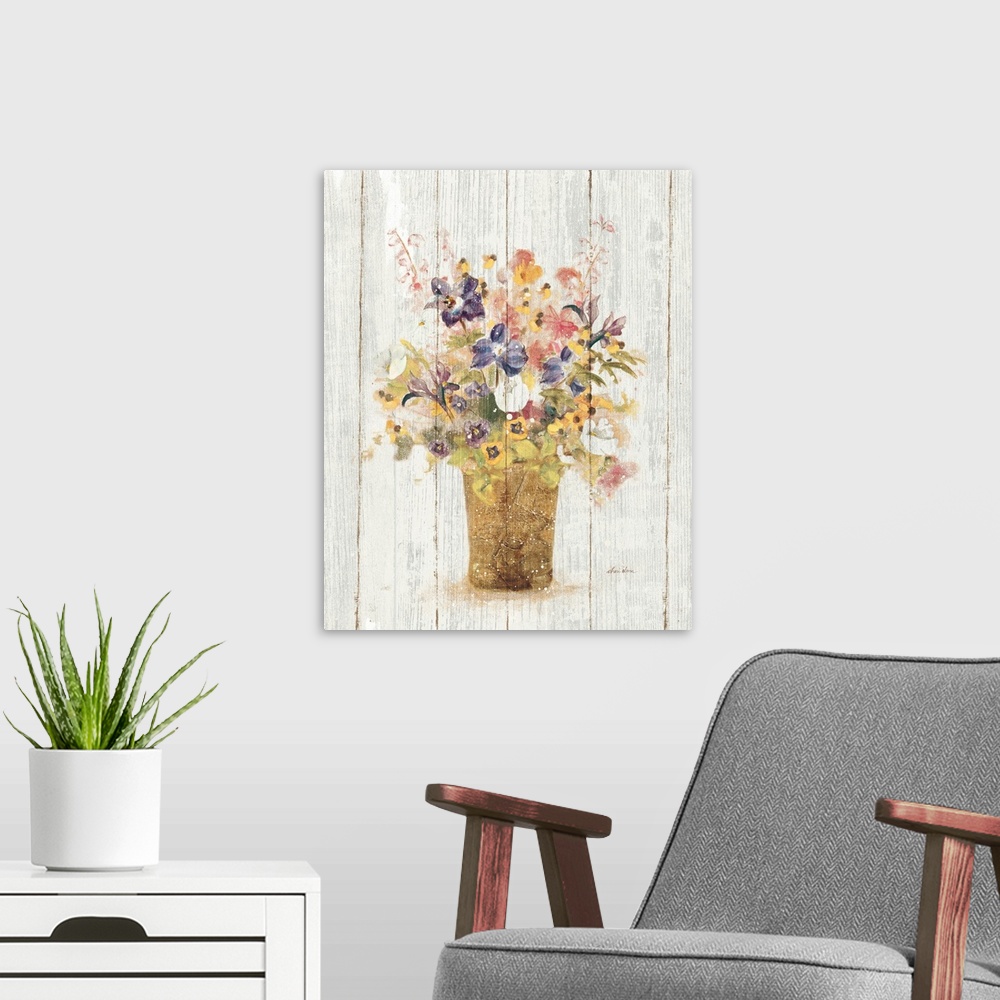 A modern room featuring A painting of a vase of wildflowers with a distressed appearance on a wood panel background.