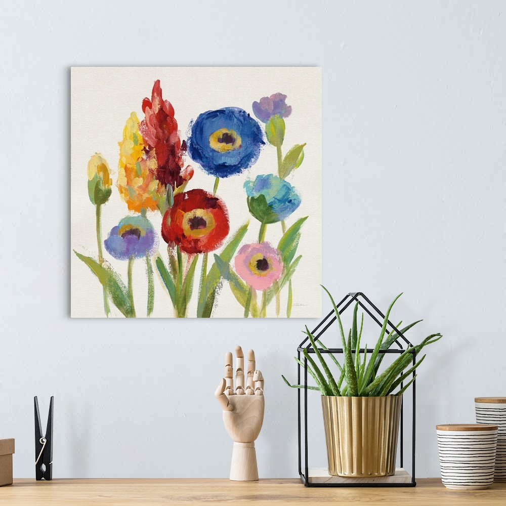 A bohemian room featuring Square contemporary painting of colorful wildflowers on a white background.