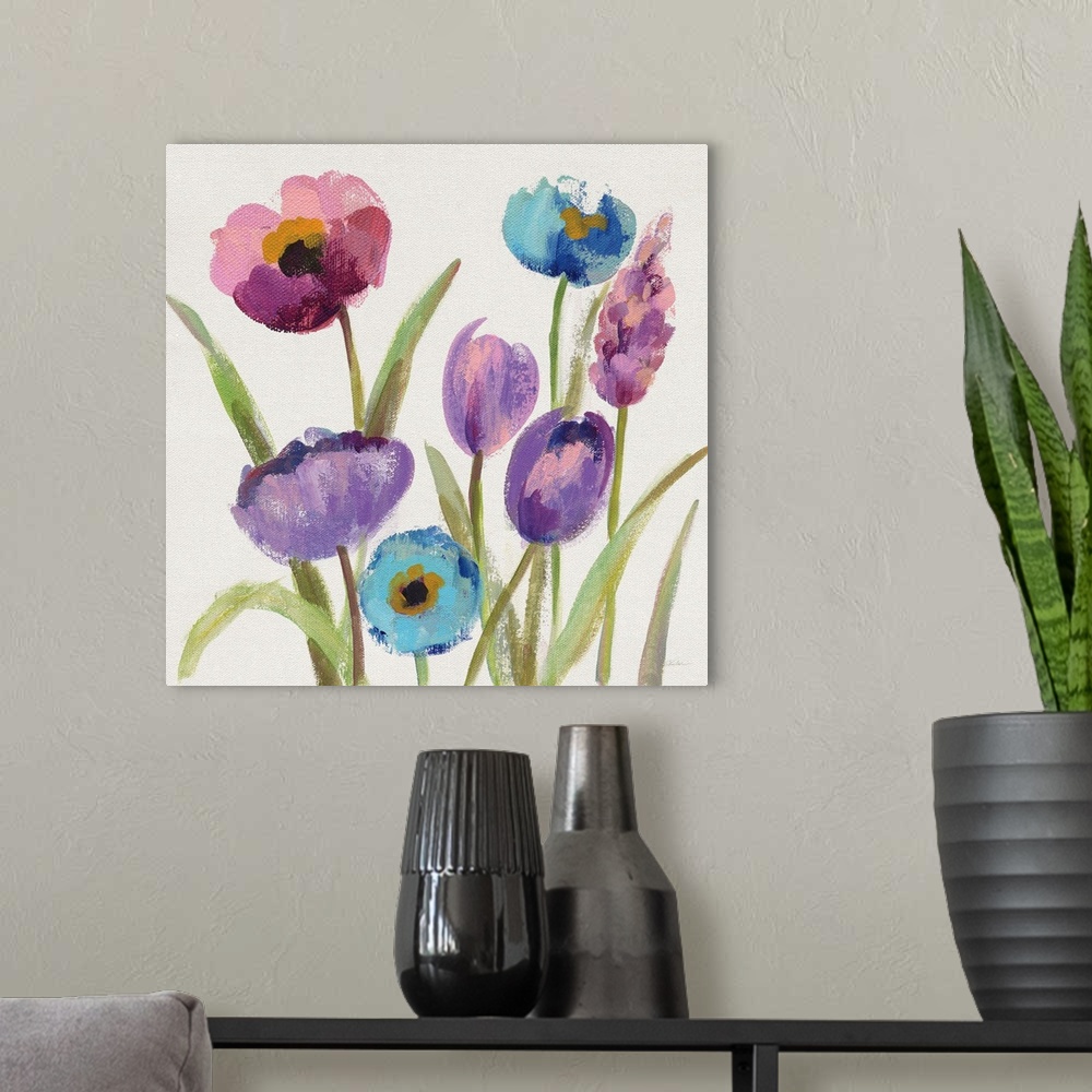 A modern room featuring Square watercolor painting of purple, blue, and pink flowers on a white background.