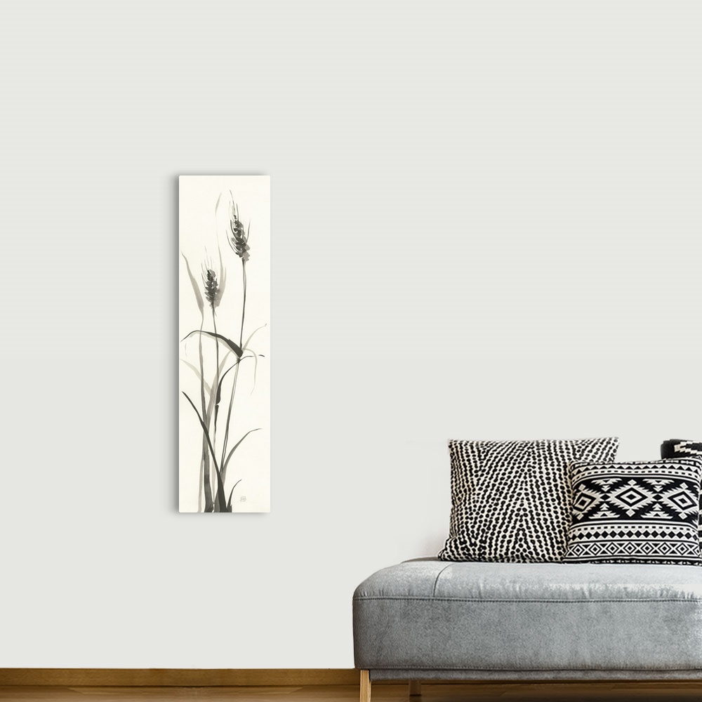 A bohemian room featuring Tall, rectangular watercolor painting of wild grass in black and white.