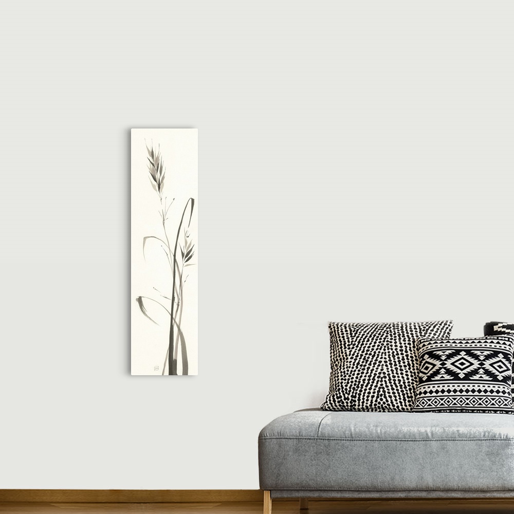 A bohemian room featuring Tall, rectangular watercolor painting of wild grass in black and white.