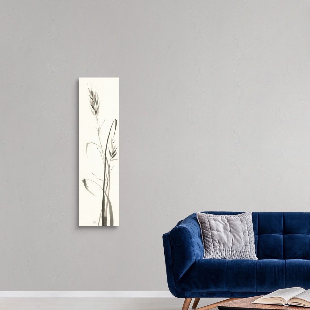 A modern room featuring Tall, rectangular watercolor painting of wild grass in black and white.