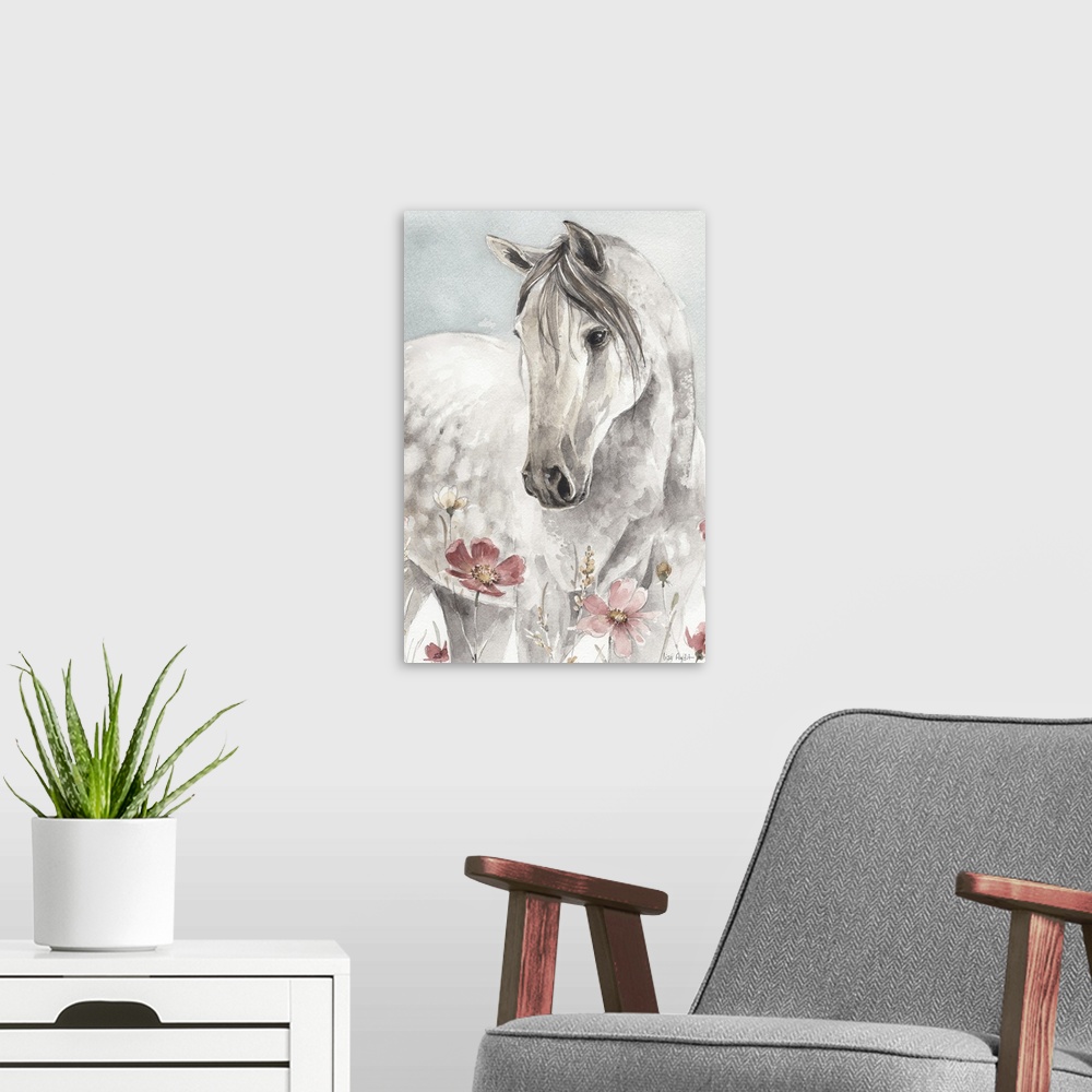 A modern room featuring Contemporary watercolor artwork of a white horse in a field of wildflowers.